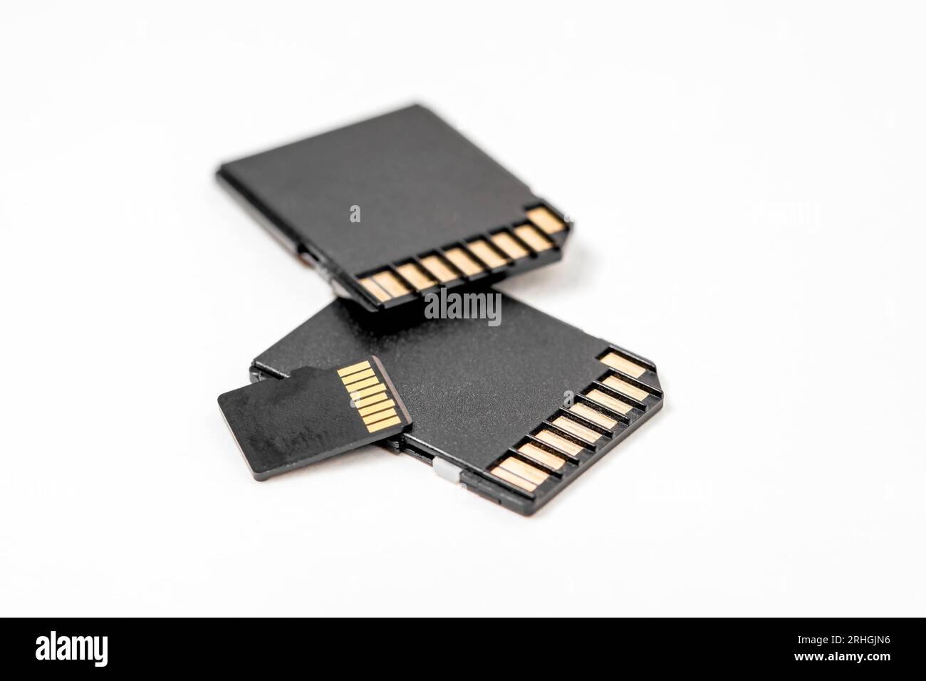 Close-up of black memory cards on a white background. SD memory card to use when taking pictures on your digital camera. Stock Photo