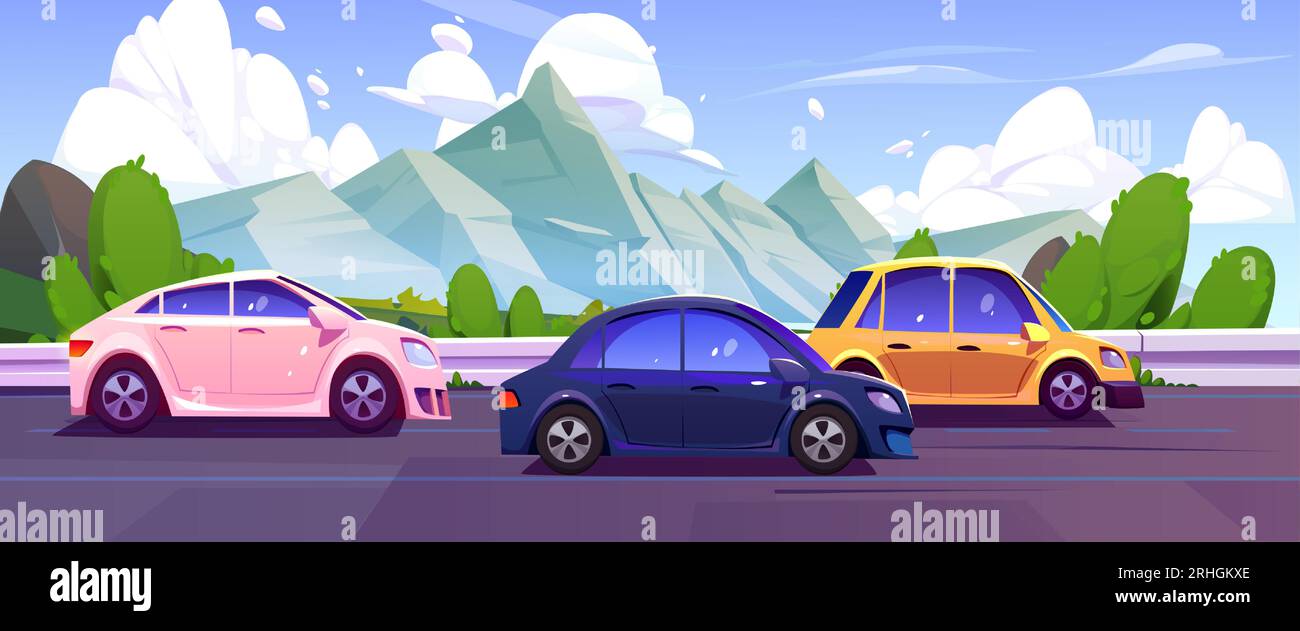 Mountain road car traffic cartoon nature landscape. Sumer highway trip with green summer high alps scenic environment horizontal panorama. Beautiful sunny outdoor drive vacation journey concept Stock Vector