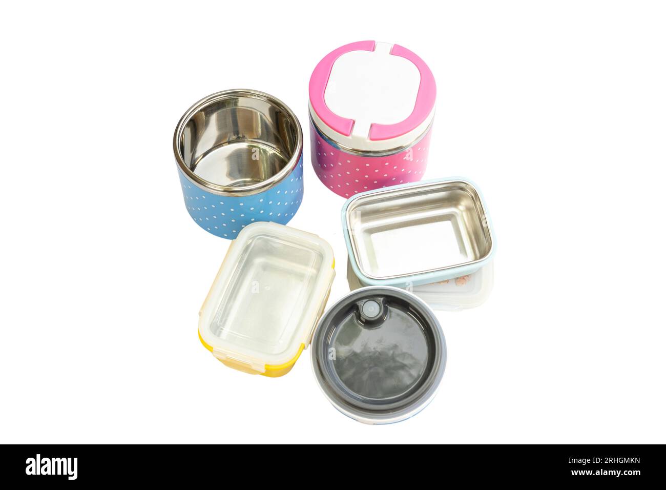 Opened stainless steel food container boxes with lid open isolated on