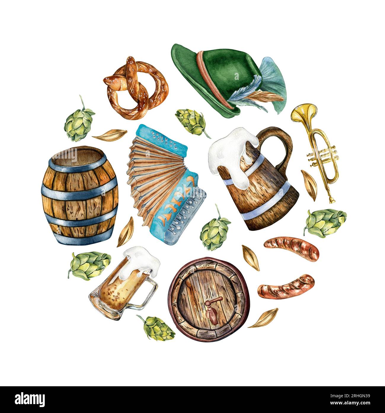 Circle of wooden barrel, pint of beer, German hat, accordion watercolor ...