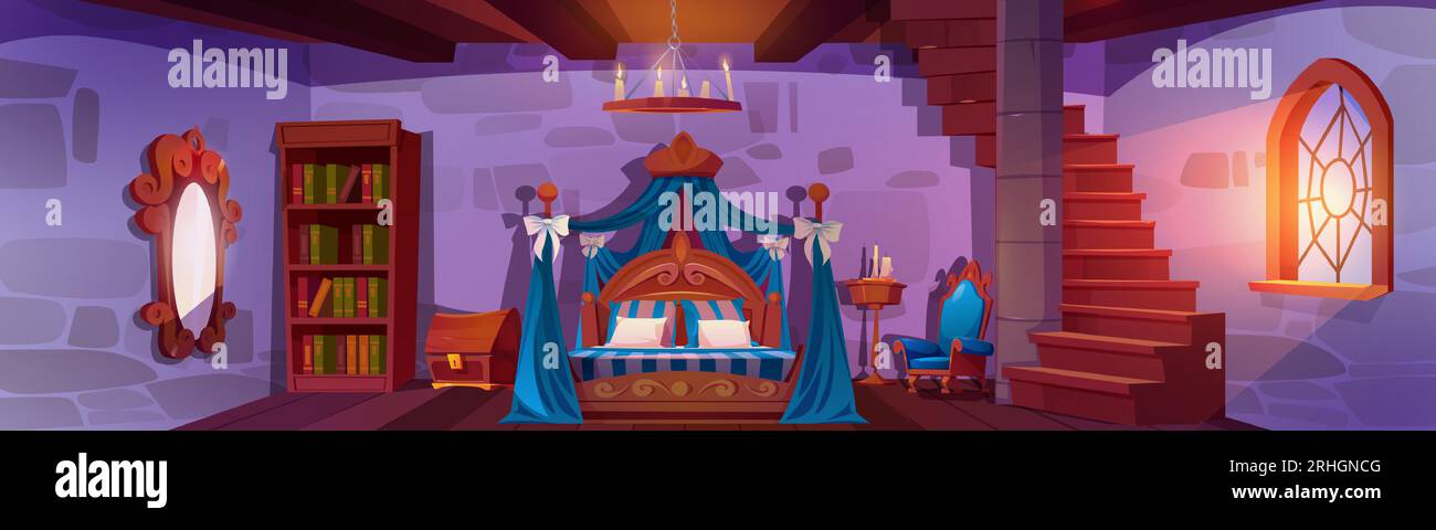 Castle antique victorian bed room interior with blue canopy for ...