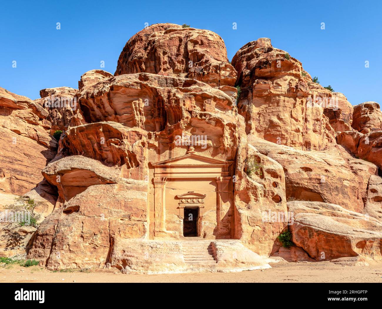 Tomb façade No 846, a rock-cut tomb with classical façade in Siq Al-Barid, Little Petra, Jordan. Stock Photo