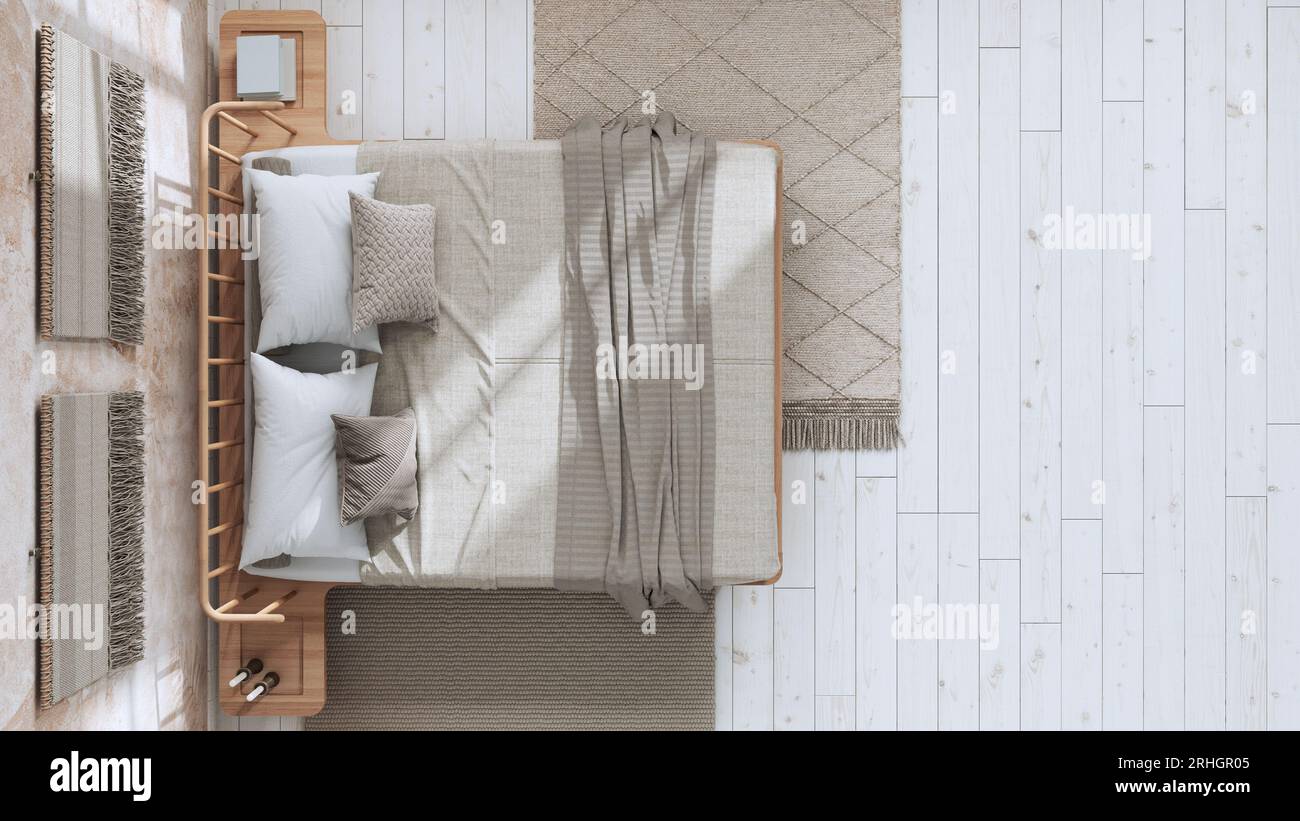 Japandi bedroom in white and beige tones with macrame wall art and ...