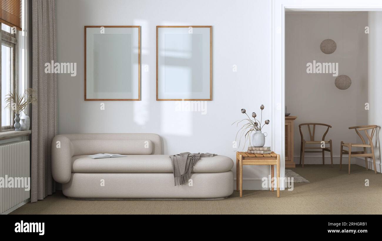 Classic minimal living room in white and beige tones with carpeted floor and fabric sofa. Frame mock up. Elegant vintage interior design Stock Photo