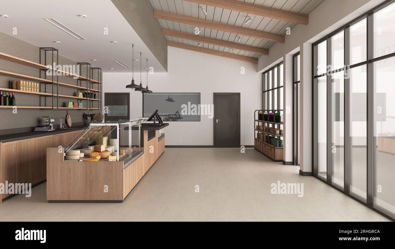 Grocery store interior design. Industrial floor, wooden furniture, loft ...