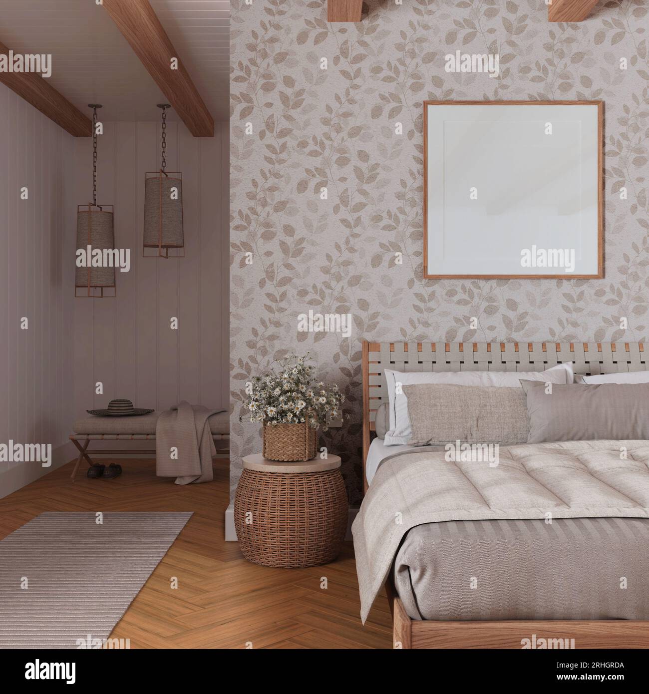 Farmhouse bedroom in white and beige tones with frame mockup. Wooden ...