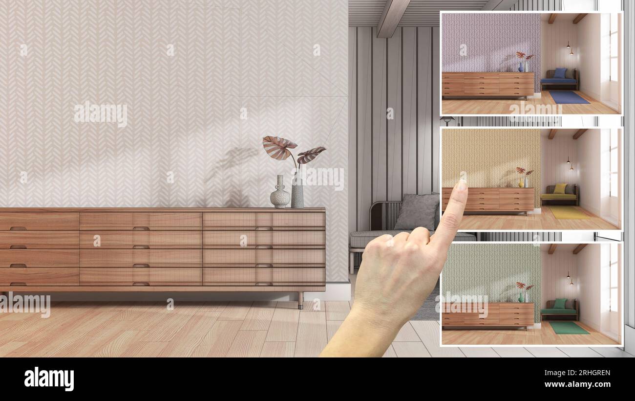 Architect designer concept, hand showing scandinavian living room ...