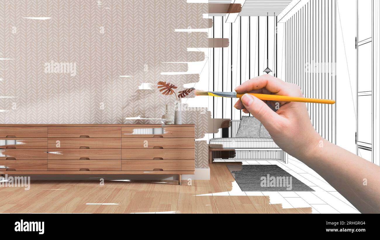 Blueprint project draft, sketch of modern japandi living room, hand ...