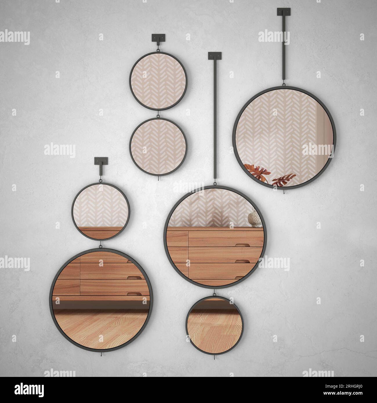 Round mirrors hanging on the wall reflecting interior design scene ...
