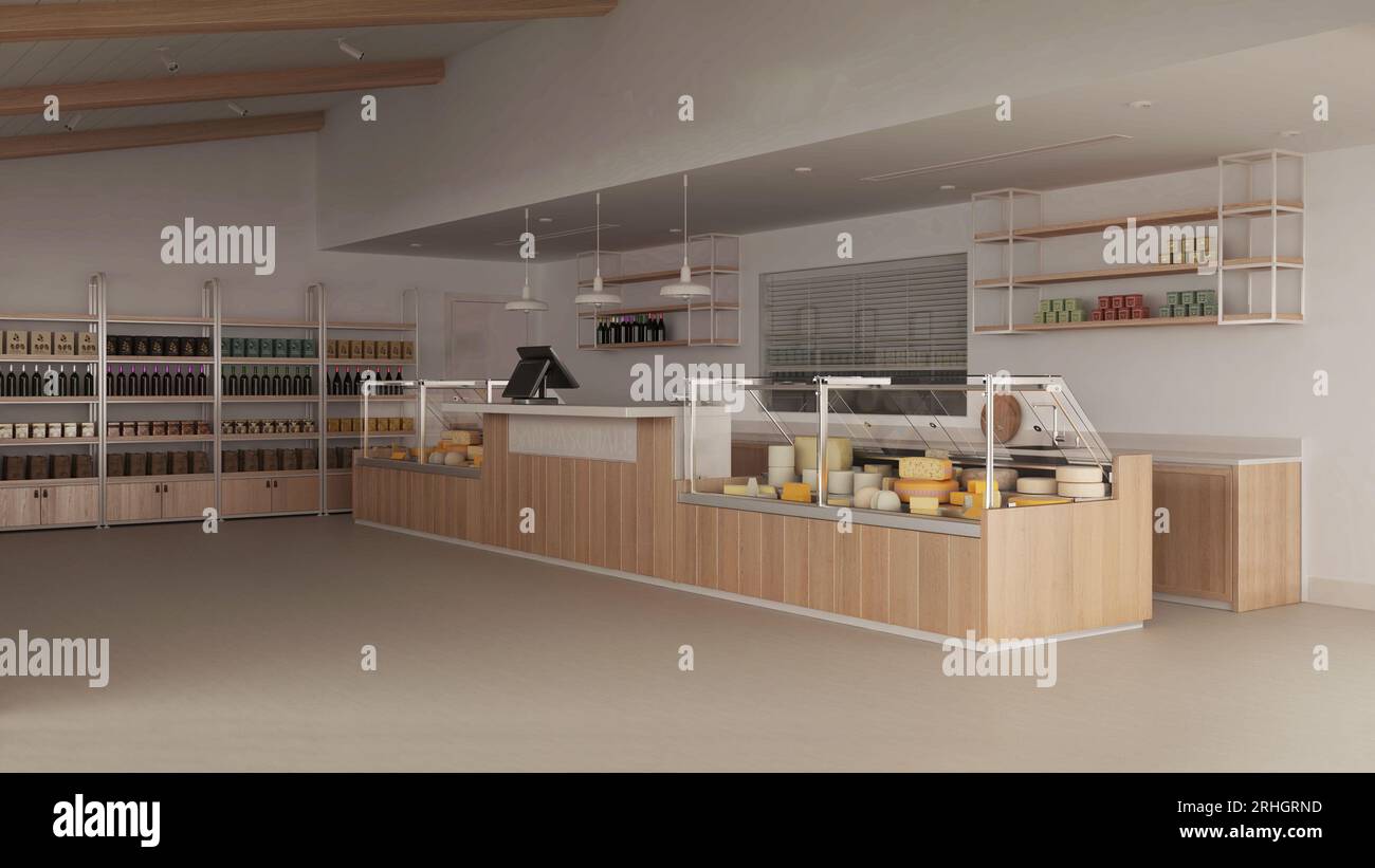 Grocery store interior design. Industrial floor, wooden furniture, loft ...