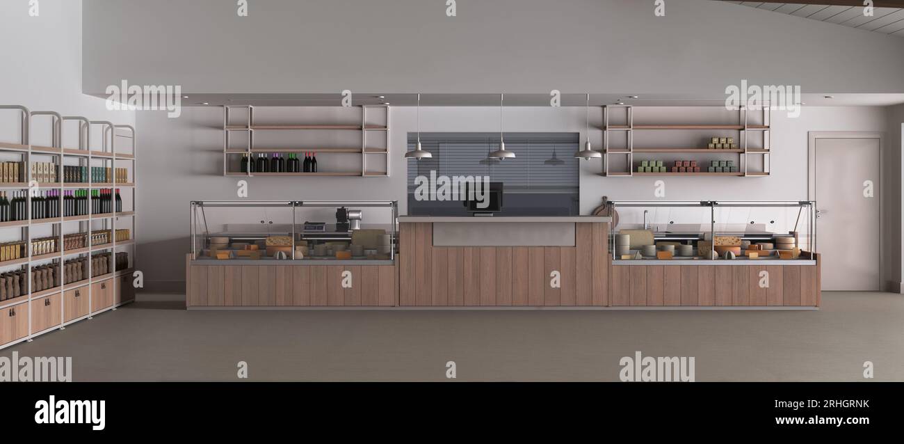 Grocery store interior design. Industrial floor, wooden furniture, loft ...