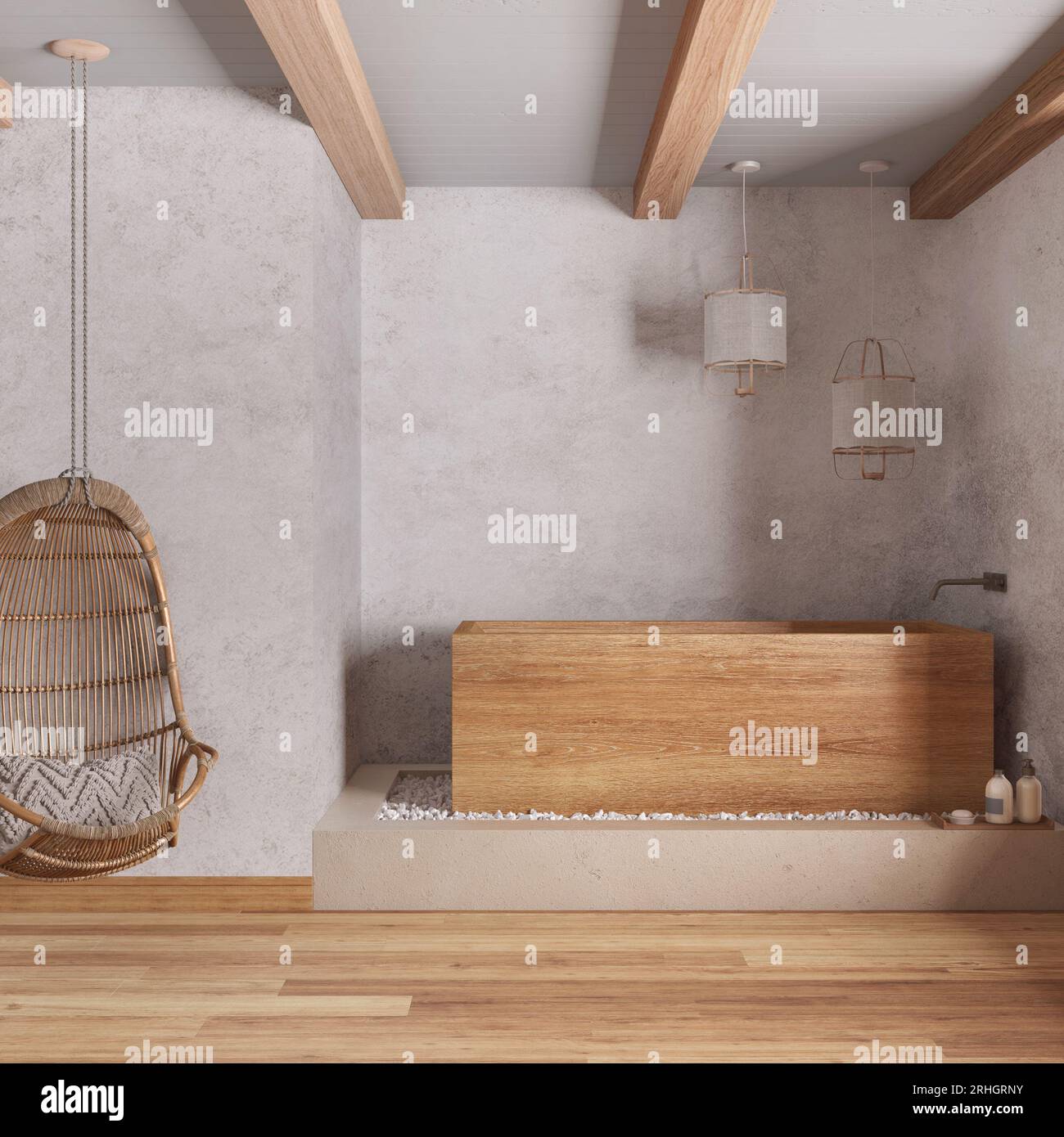 Japandi bathroom with freestanding wooden bathtub in white and beige ...
