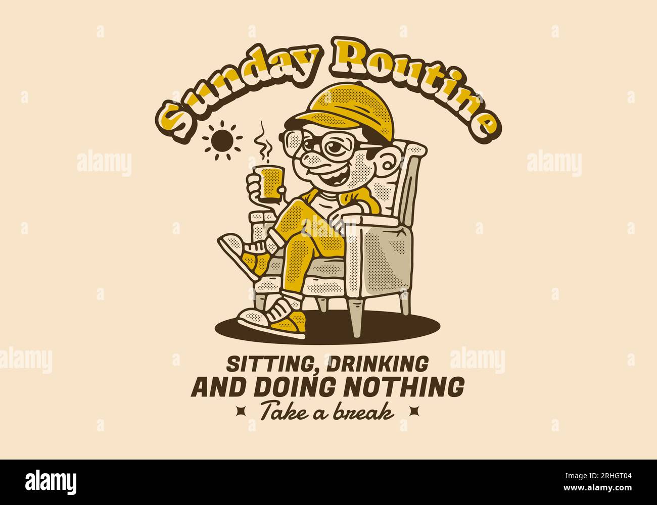 Sunday routine, sitting drinking and doing nothing, illustration of a man relaxing on a chair and holding a cup of coffee Stock Vector