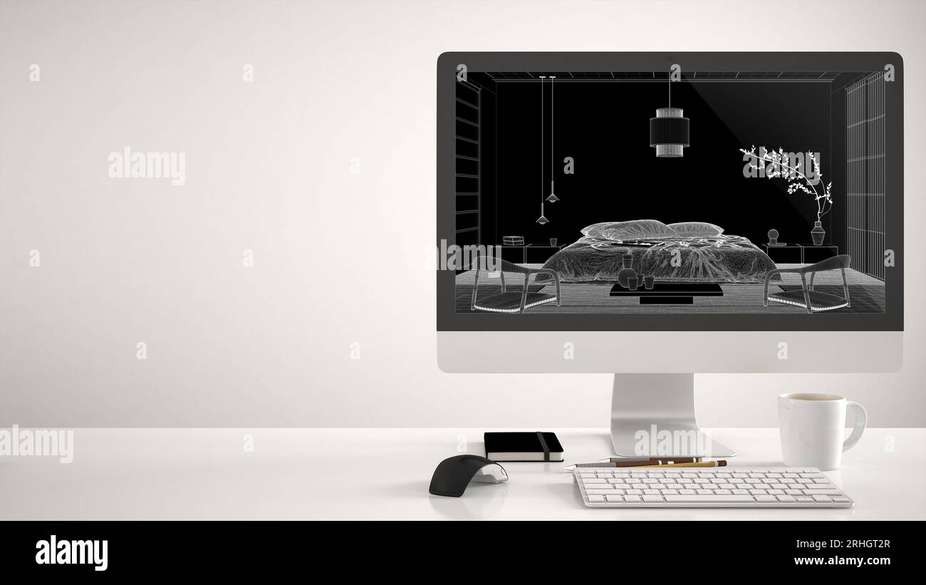 Architect house project concept, desktop computer on white background ...