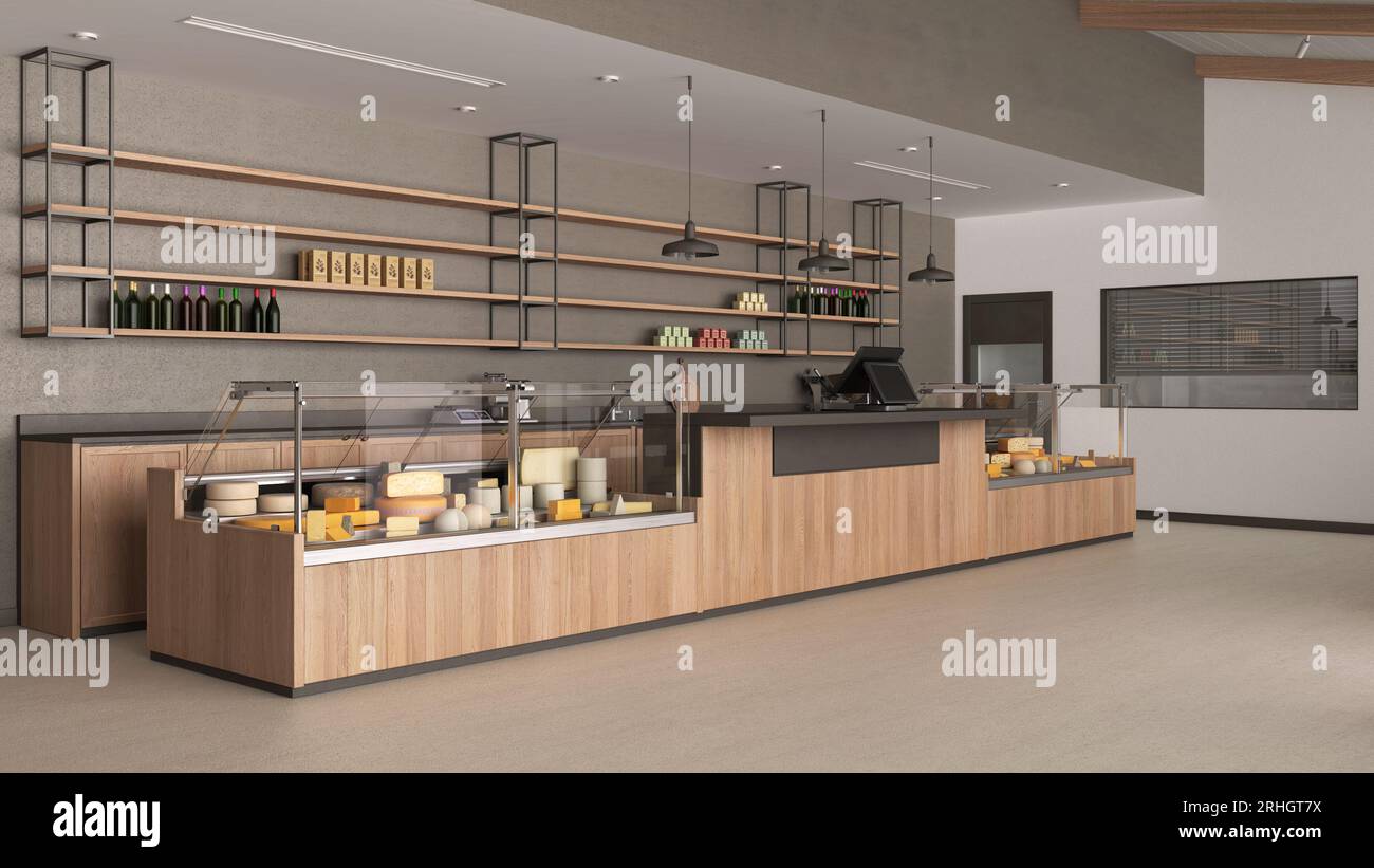 Grocery store interior design. Industrial floor, wooden furniture, loft ...