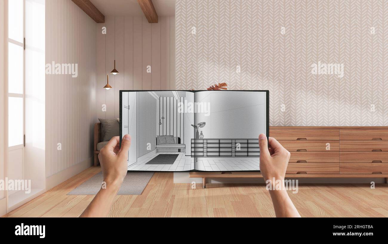 Hands holding notepad with japandi living room design blueprint sketch ...