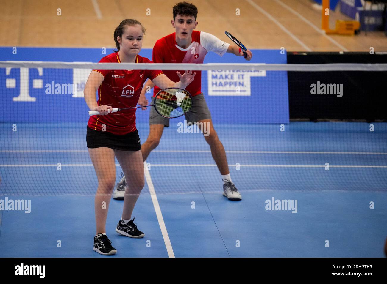 Rotterdam, Netherlands. 15th Aug, 2023. ROTTERDAM, NETHERLANDS - AUGUST 15: Sophie van den Broek of the Netherlands serves in her mixed doubles match with Dominik Butzberger of Switzerland during the Para Badminton event on Day 8 of the European Para Championships 2023 at the Rotterdam Ahoy on August 15, 2023 in Rotterdam, Netherlands. (Photo by Rene Nijhuis/BSR Agency) Credit: BSR Agency/Alamy Live News Stock Photo