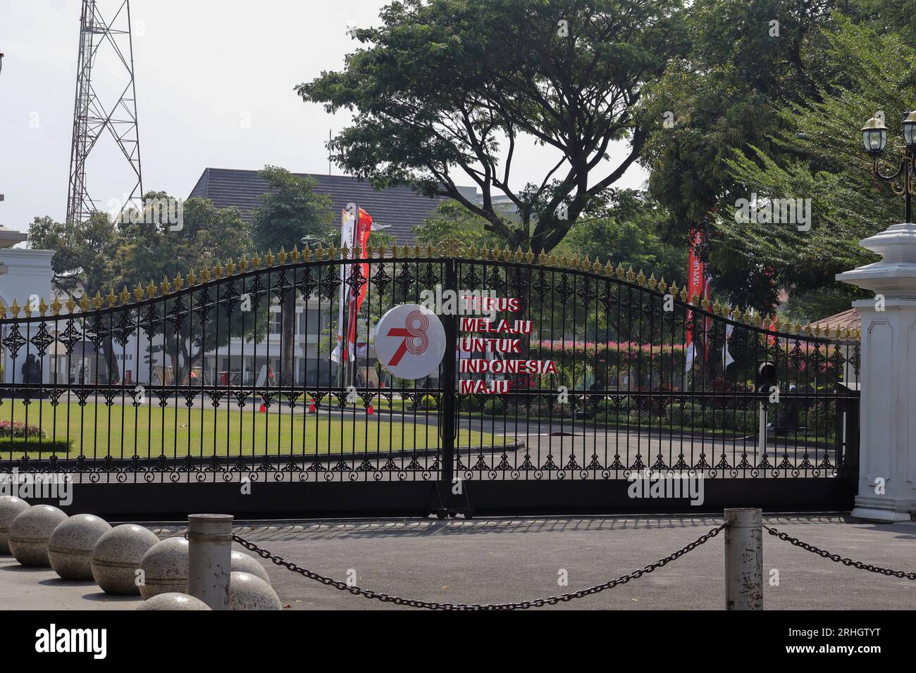 The emblem logo of Indonesia 78 independence day in front of the Yogyakarta palace, known as the Gedung Agung, is located on the Malioboro street. Yog Stock Photo