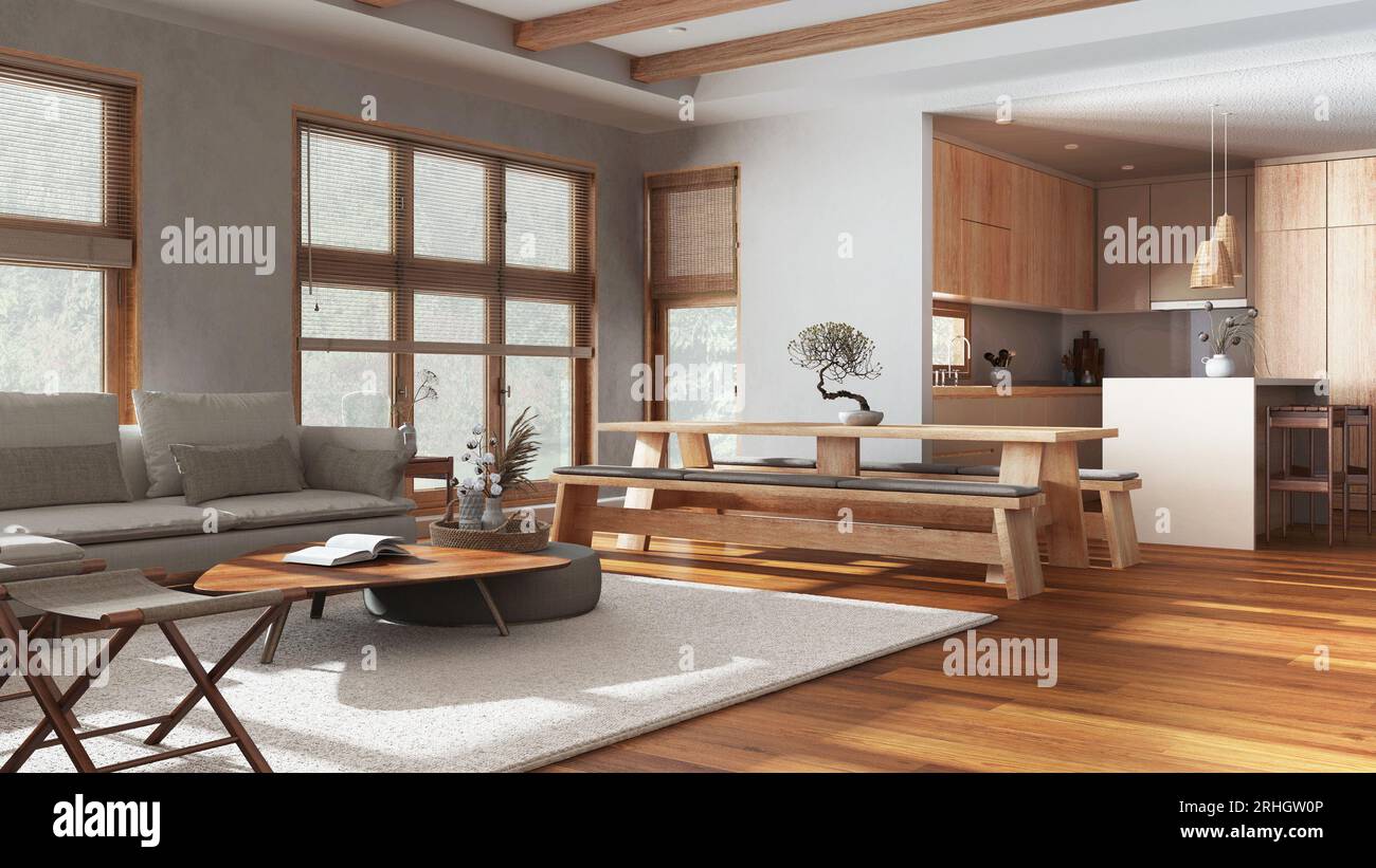 Minimalist living, dining room and kitchen in white and beige tones ...