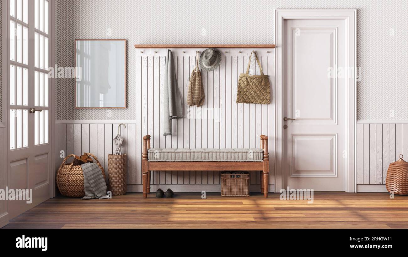 View of Nordic farmhouse hallway in white and beige tones. Wooden bench and ...