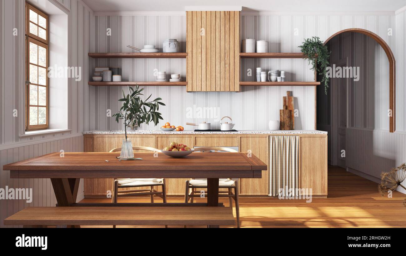 Wooden country kitchen and dining room in white and beige tones