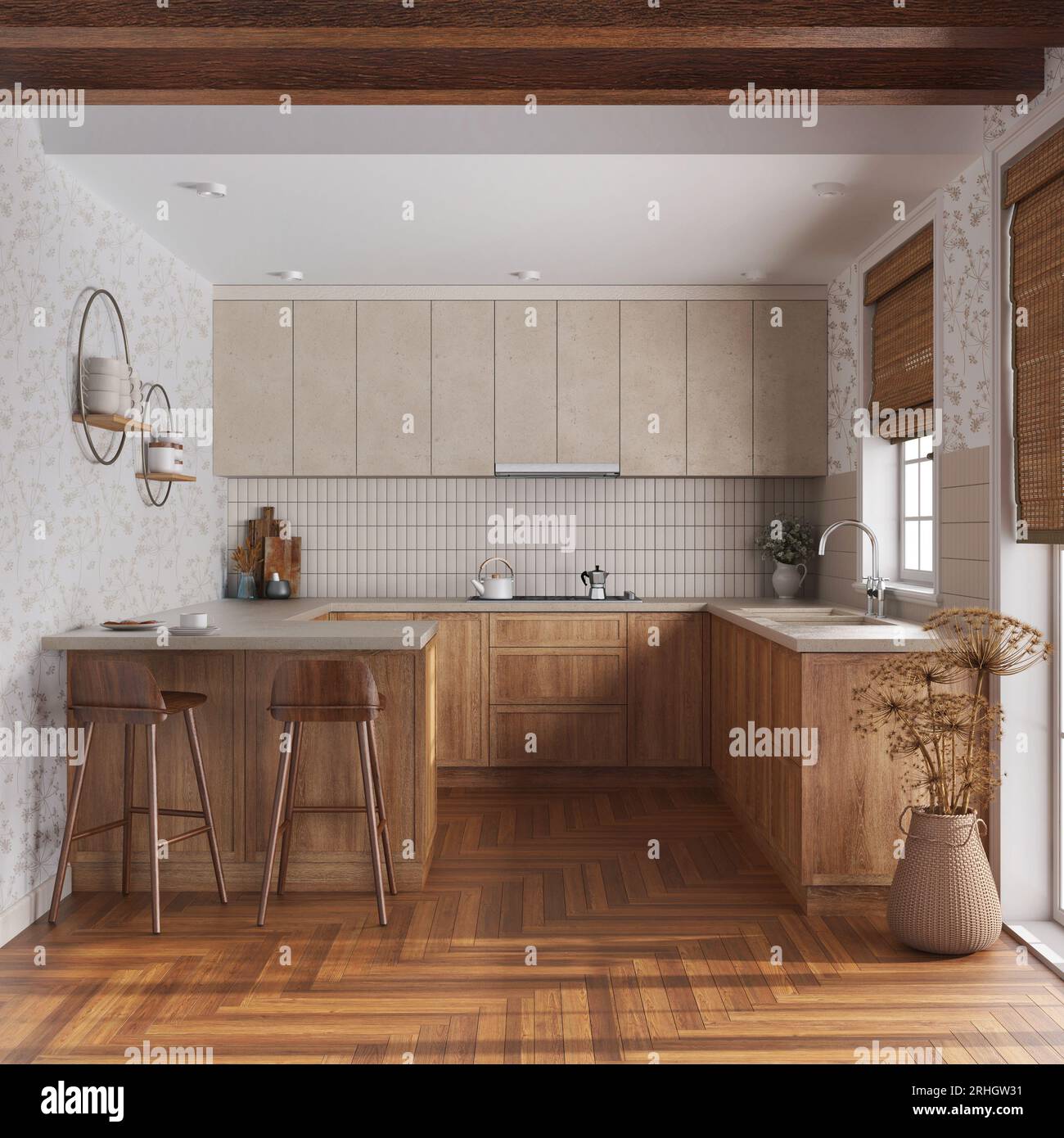 Farmhouse kitchen in white and beige tones. Wooden cabinets, island ...