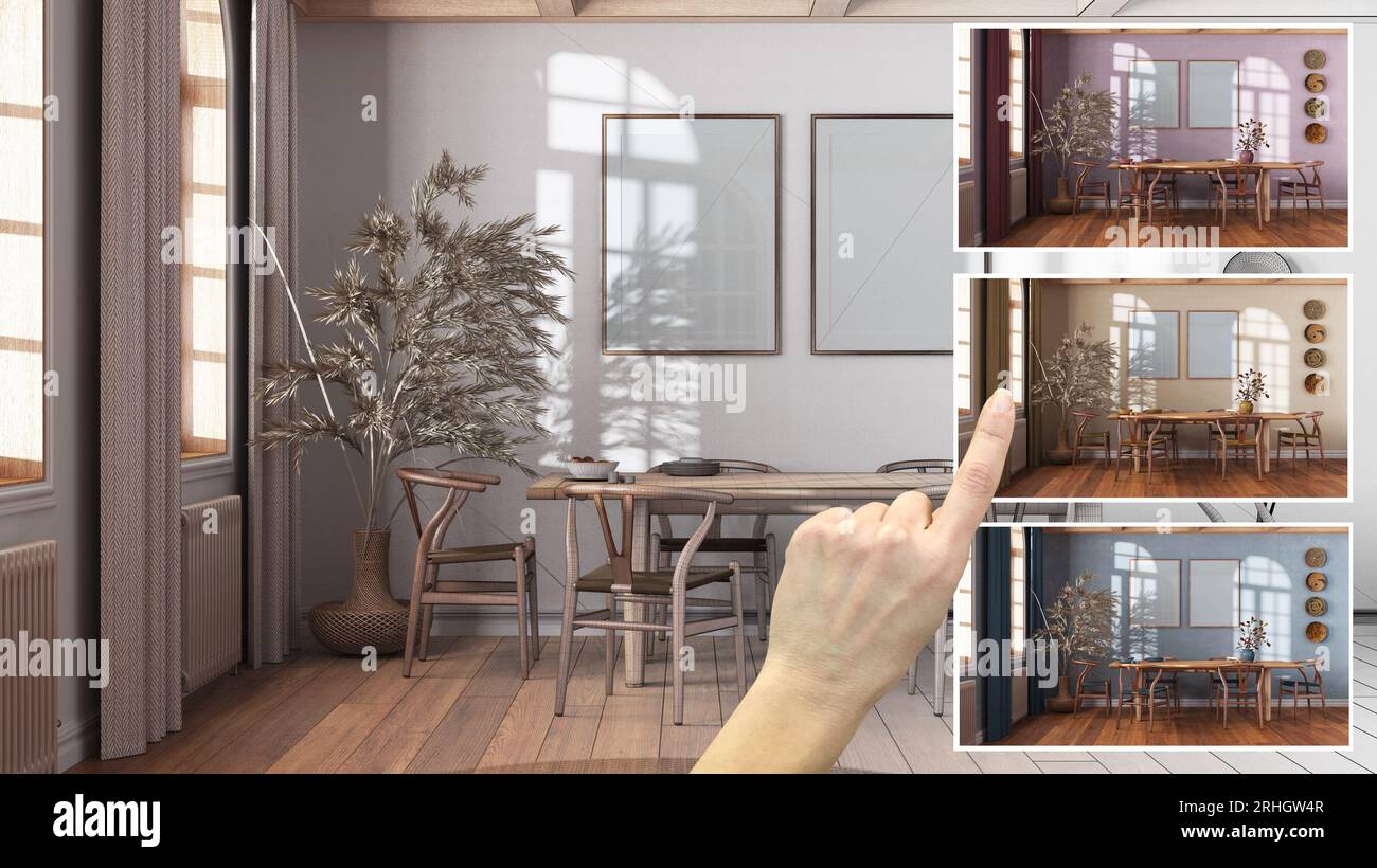 Architect designer concept, hand showing farmhouse boho dining room ...