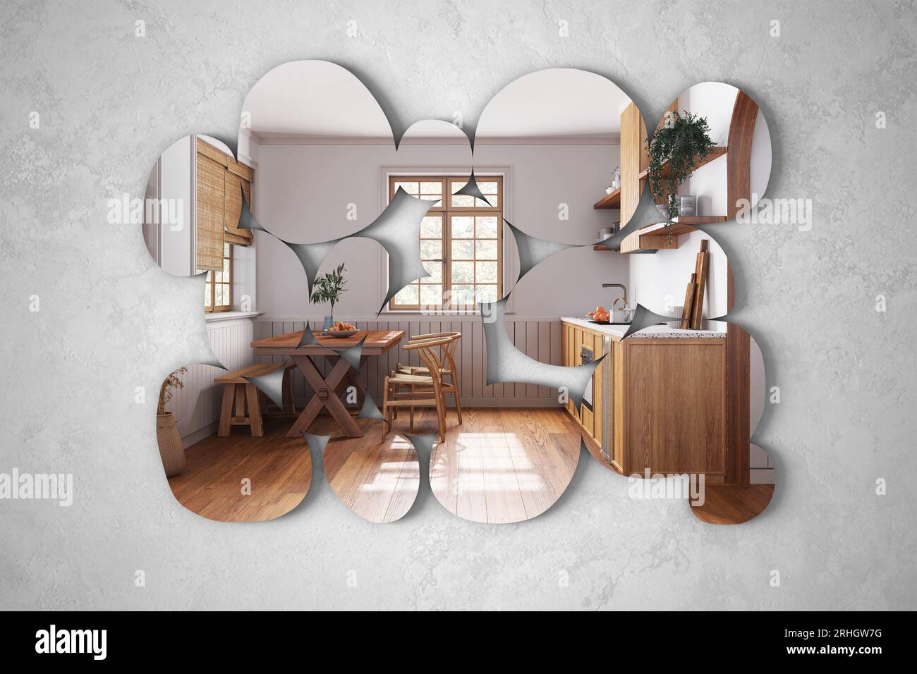 Modern mirror in the shape of pebbles hanging on the wall reflecting interior  design scene, wooden farmhouse kitchen with dining table, architect desi  Stock Photo - Alamy