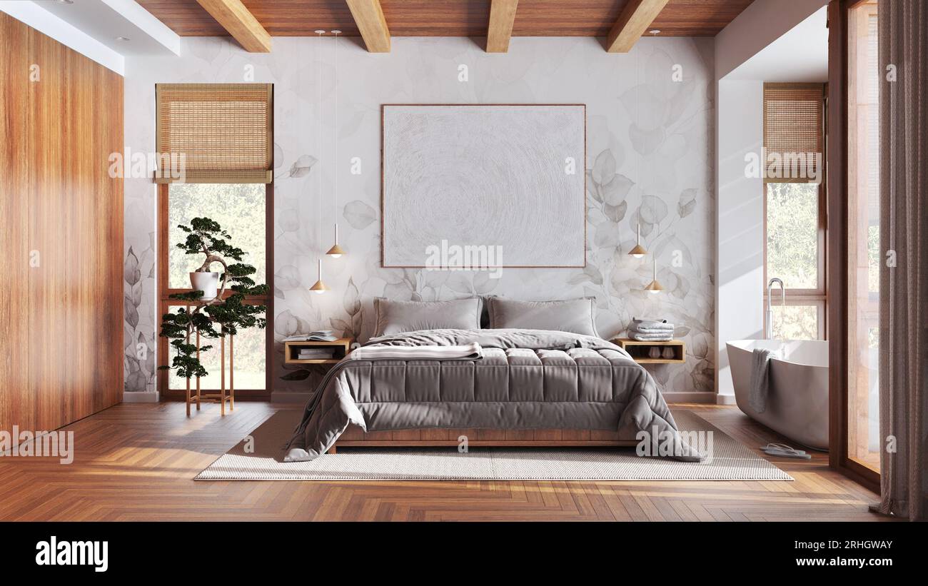 Modern wooden bedroom with bathtub in white and beige tones. Double bed ...