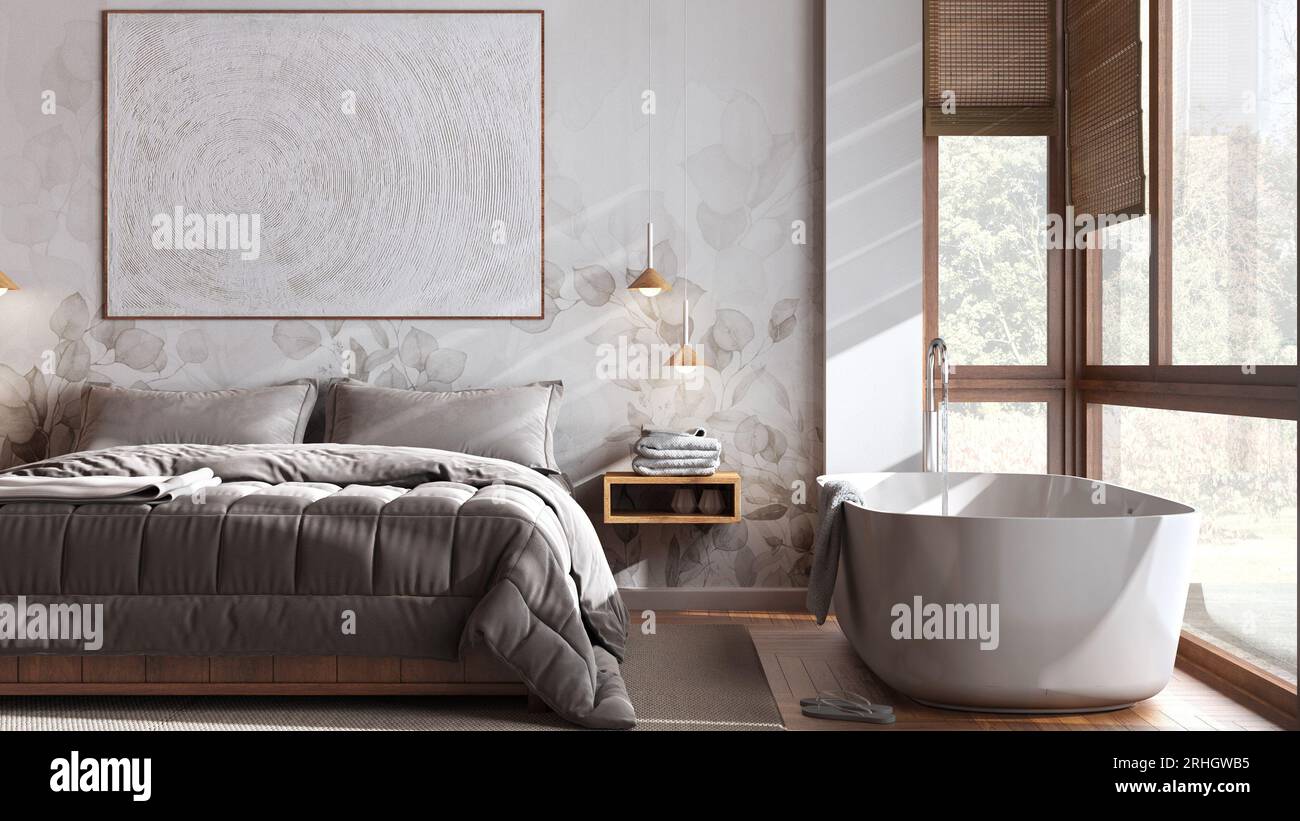 Minimalist wooden bedroom with bathtub in white and beige tones, close ...
