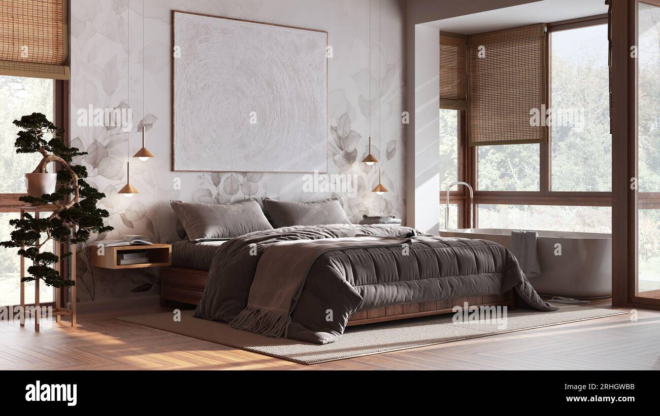 Contemporary wooden bedroom with bathtub in white and beige tones ...