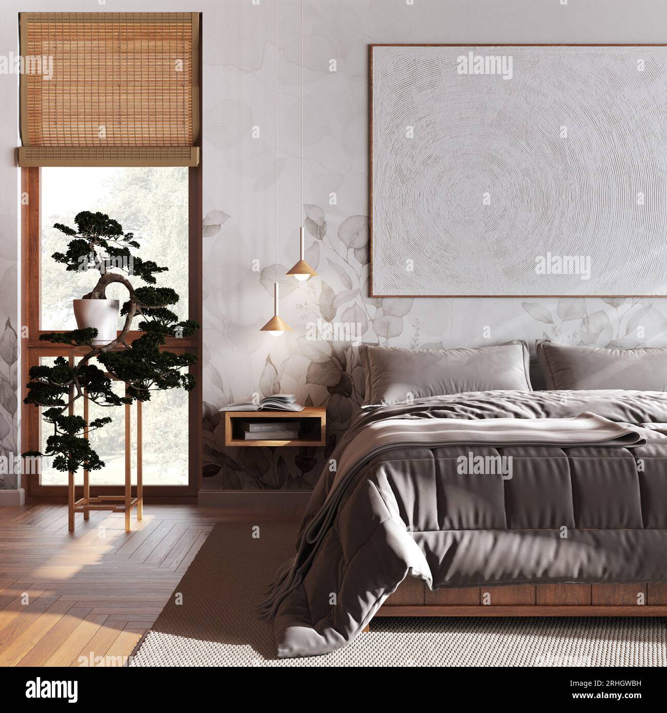 Japandi wooden bedroom with bathtub in white and beige tones, close up ...