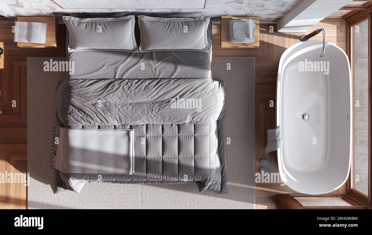 Japandi wooden bedroom with bathtub in white and beige tones. Master ...