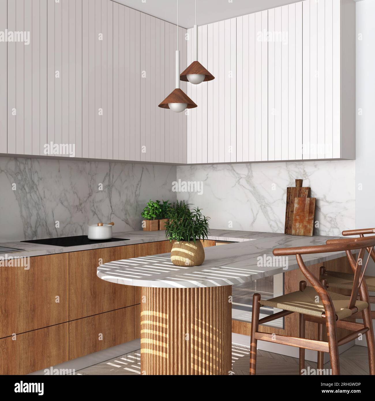 Modern japandi kitchen in white tones. Dining island with chairs ...