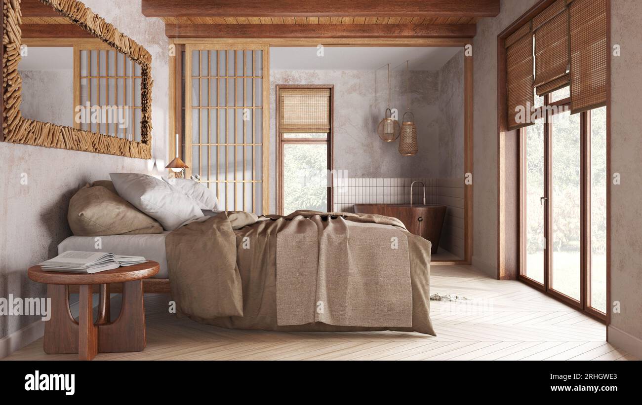 Japandi bedroom and bathroom in white and beige tones. Double bed ...