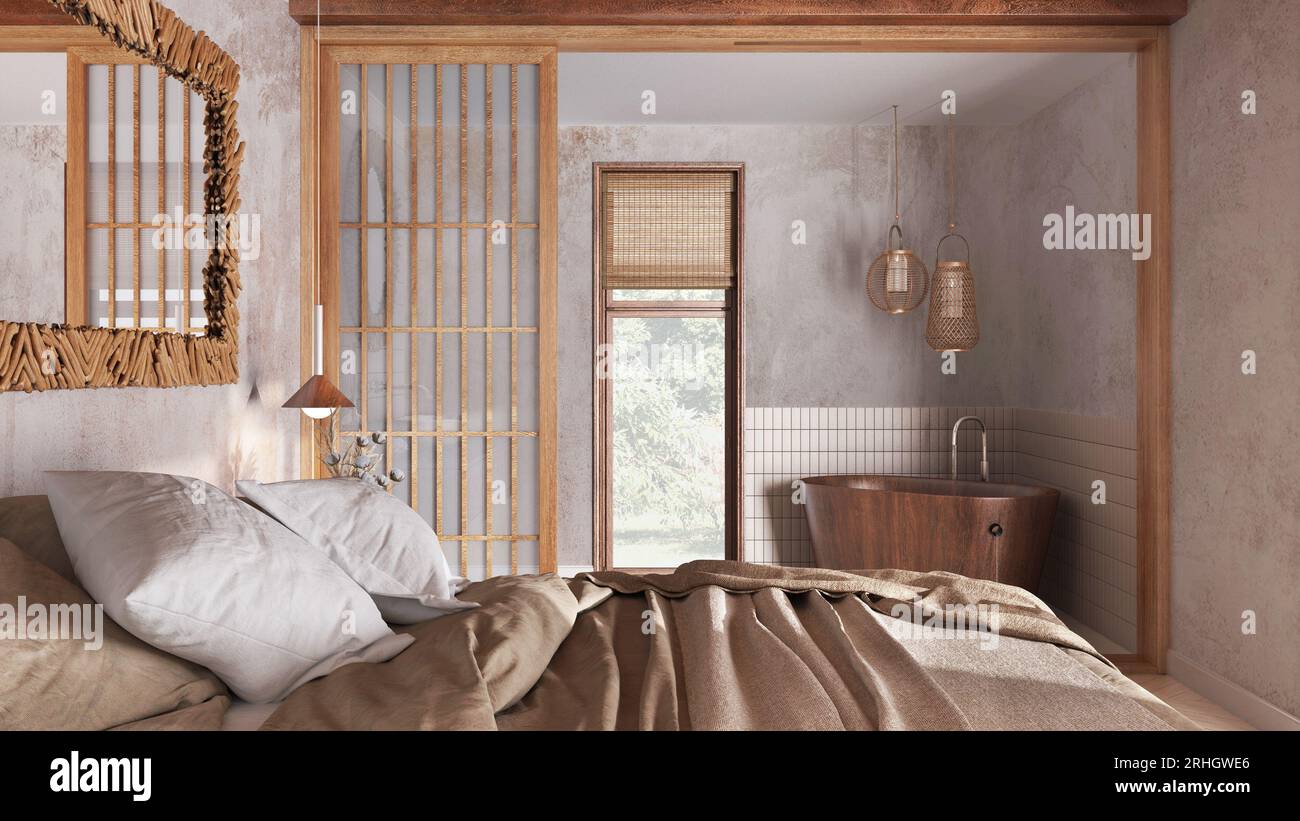 Japandi bedroom and bathroom in white and beige tones. Double bed close ...