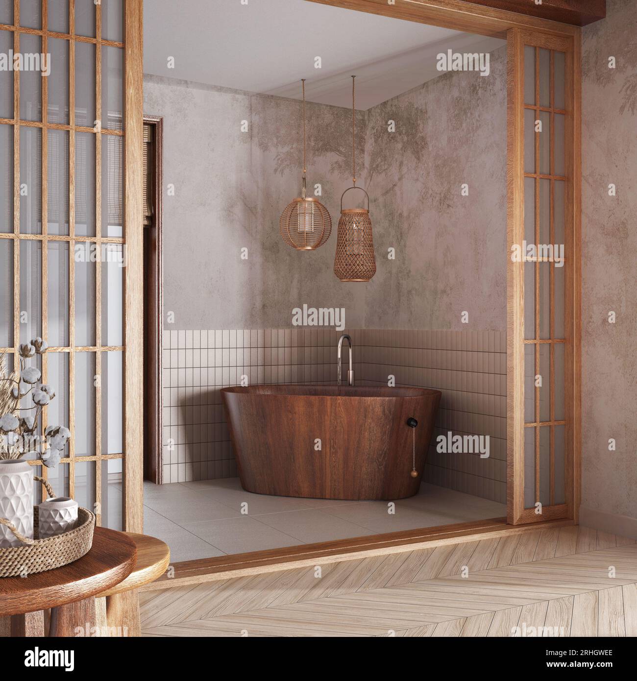 Japandi bathroom in white and beige tones. Paper door and freestanding ...