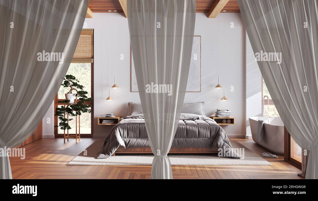 White openings curtains overlay japandi bedroom, interior design ...