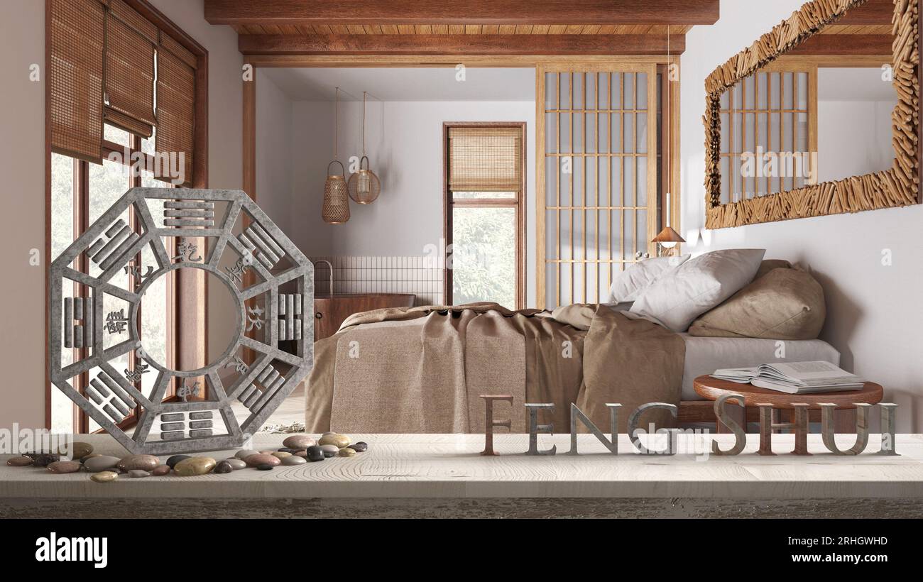 Wooden table shelf with pebble stone and bamboo plants, over farmhouse bedroom with double bed