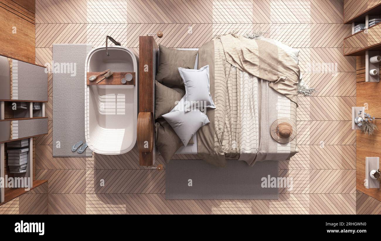 Japandi wooden bedroom with freestanding bathtub in white and beige ...