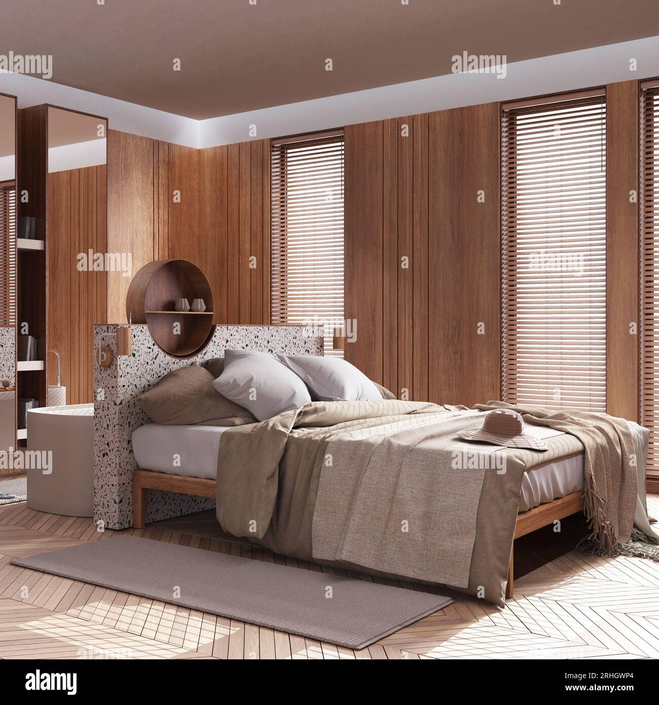 Contemporary wooden bedroom and bathroom in white and beige tones ...