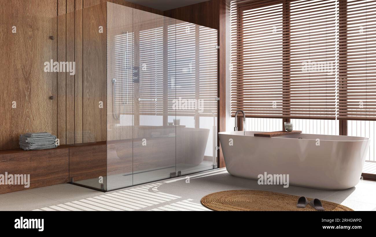 Minimalist wooden bathroom in white and beige tones. Freestanding ...