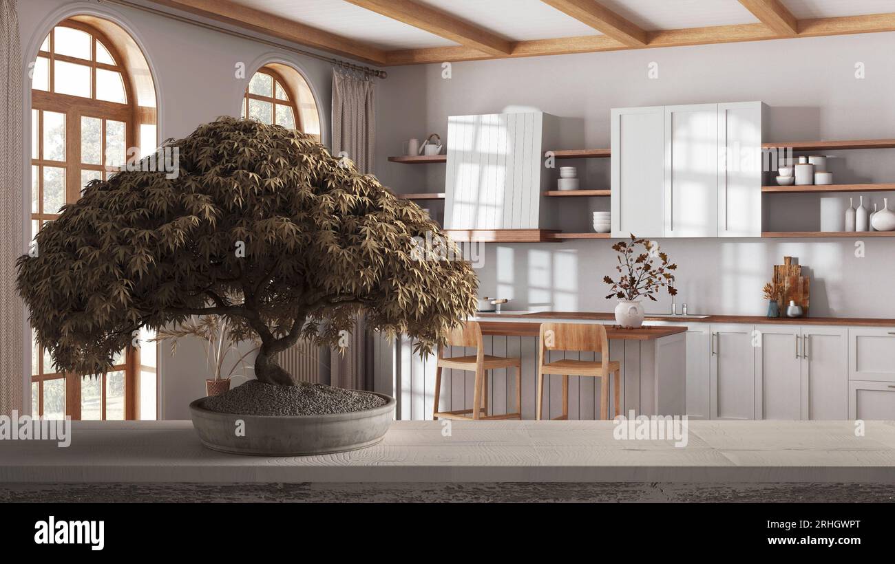 Vintage wooden table shelf with potted bloom bonsai, beige leaves, flowers,  over scandinavian farmhouse kitchen, boho style architecture concept Stock  Photo - Alamy