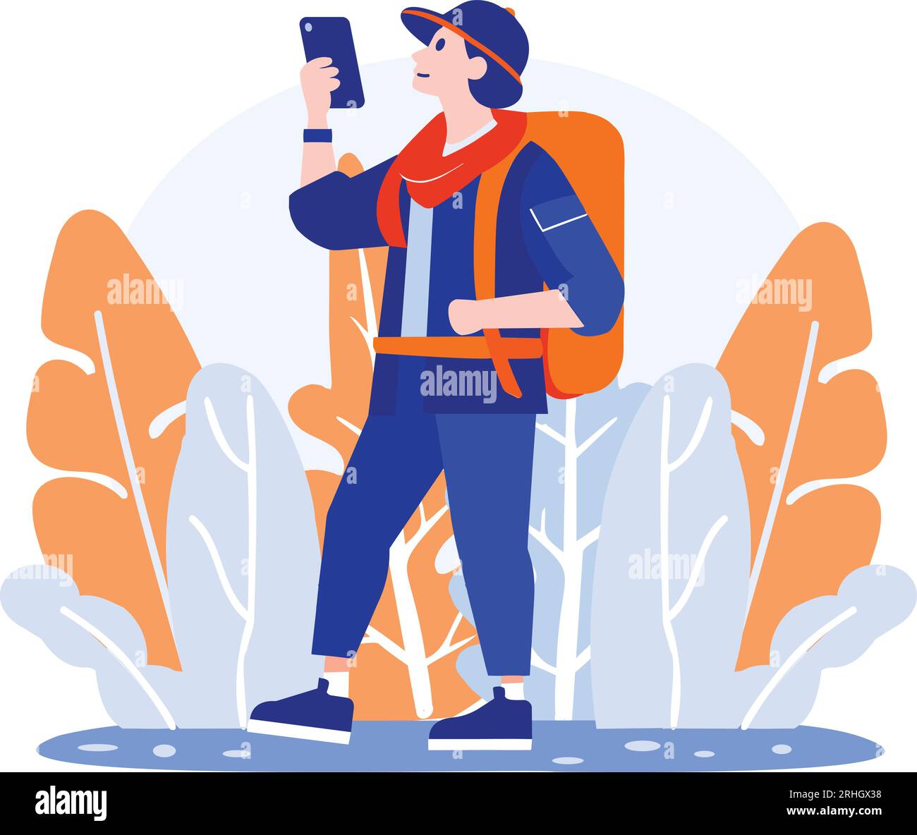 Hand Drawn Tourist is traveling and taking photos happily in flat style isolated on background Stock Vector