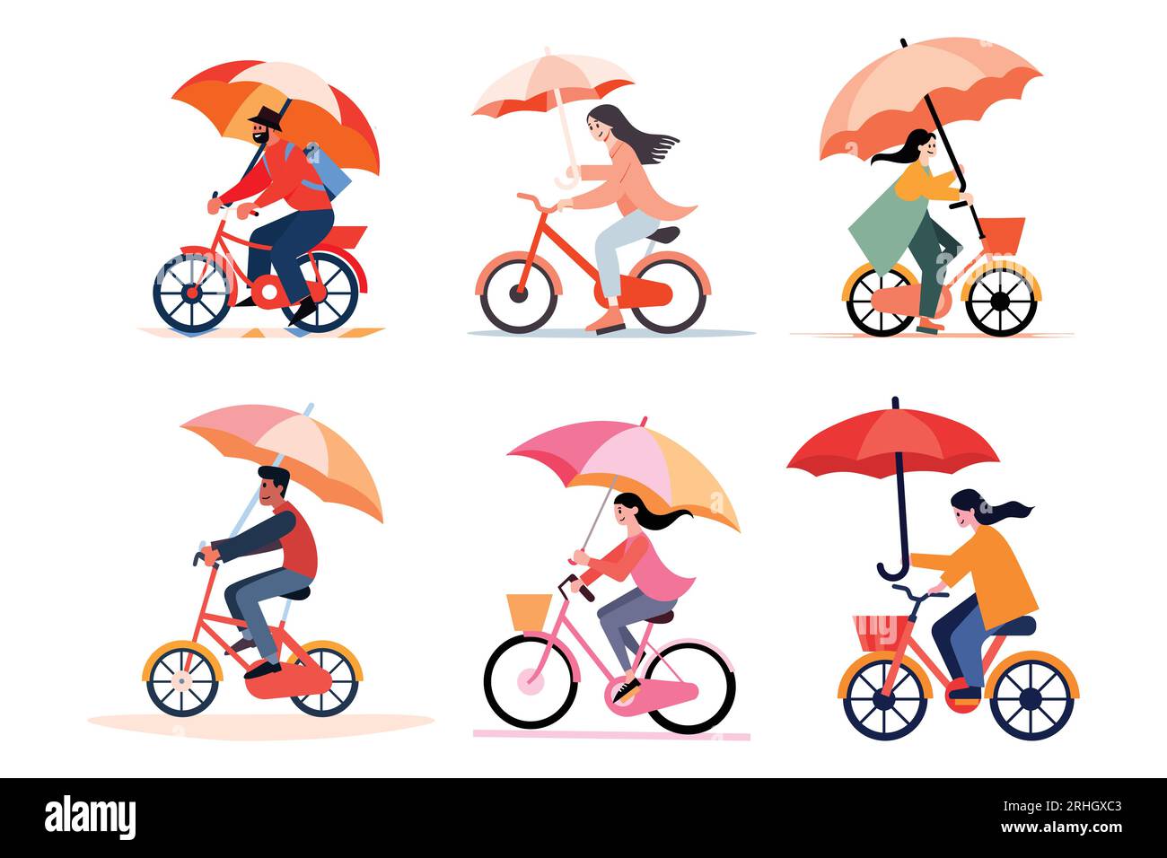 Hand Drawn man riding a bicycle and holding an umbrella in flat style isolated on background Stock Vector