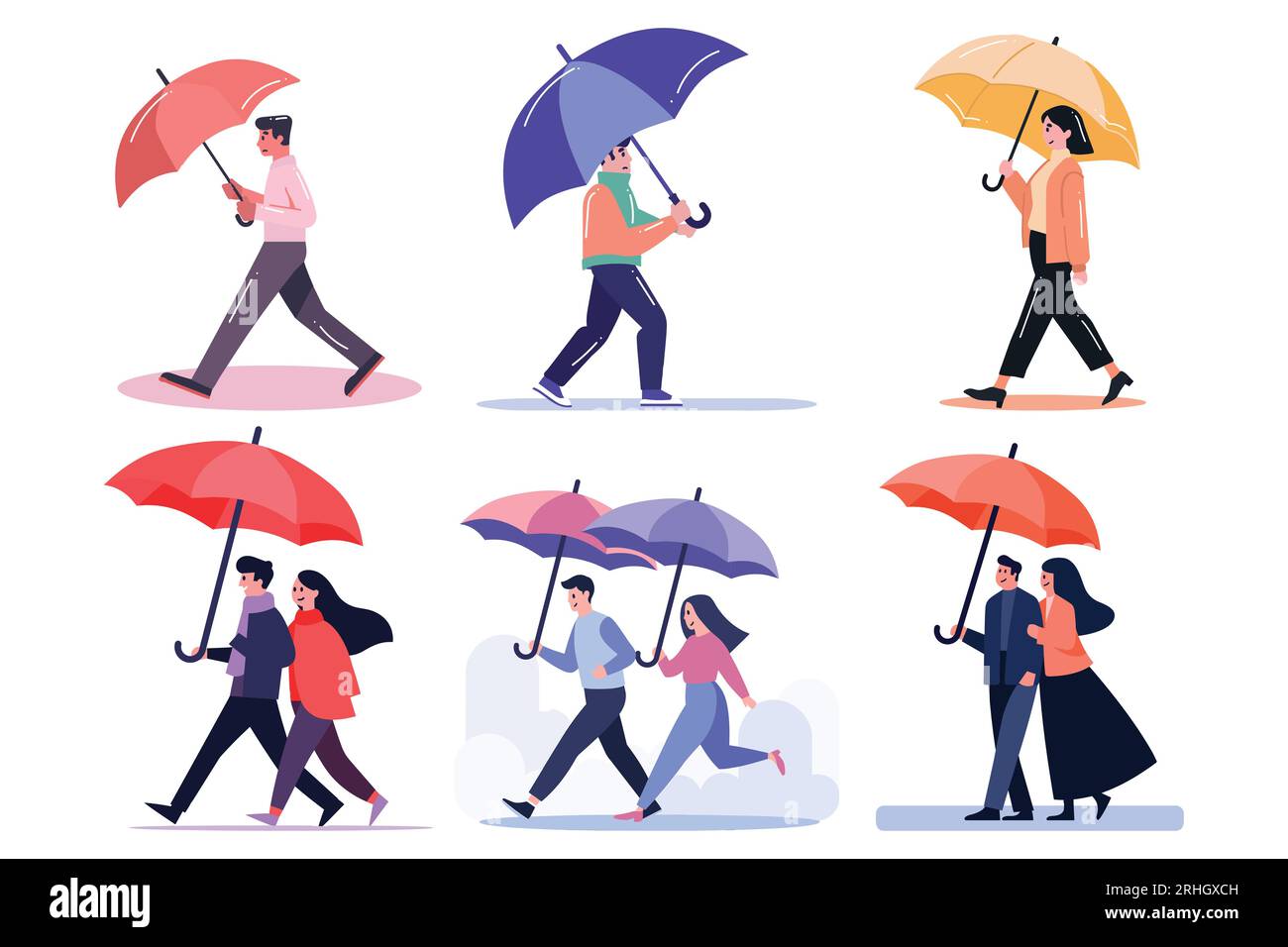 Hand Drawn couple holding umbrellas in the rain in flat style isolated on background Stock Vector