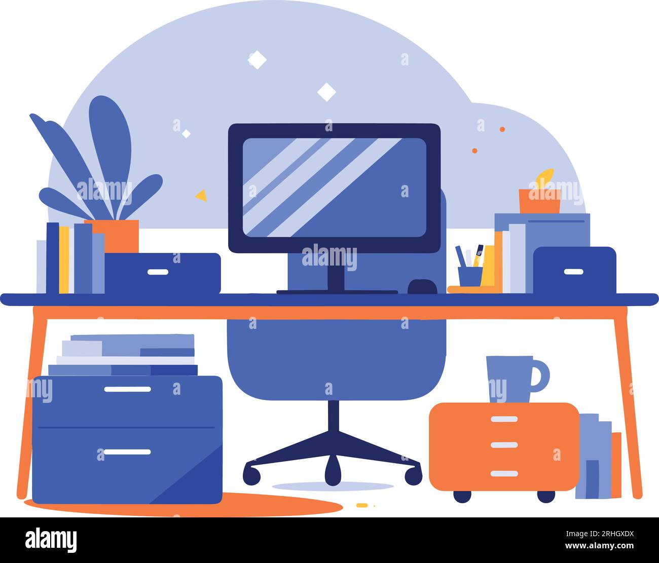 Hand Drawn desk in the office is organized in order in flat style