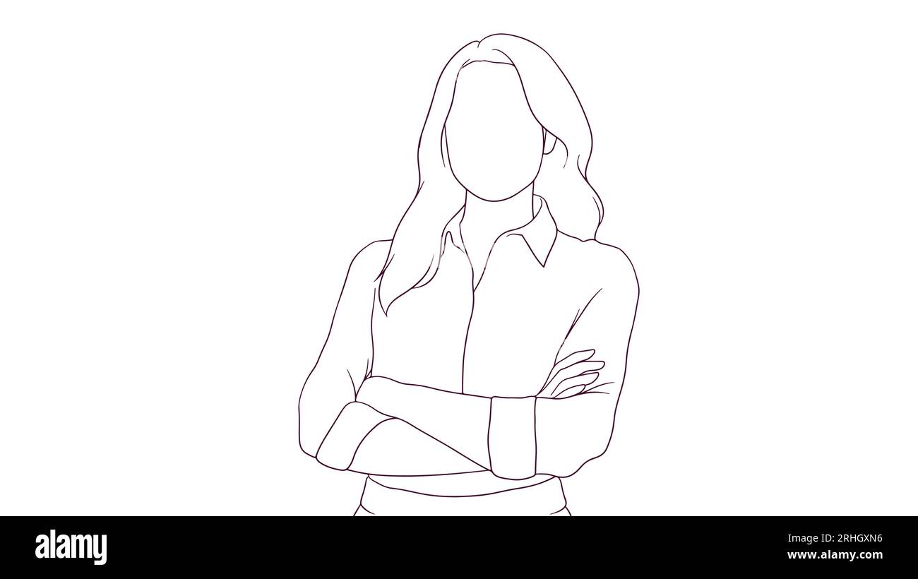 self assured businesswoman standing with crossed arms, hand drawn style vector illustration Stock Vector