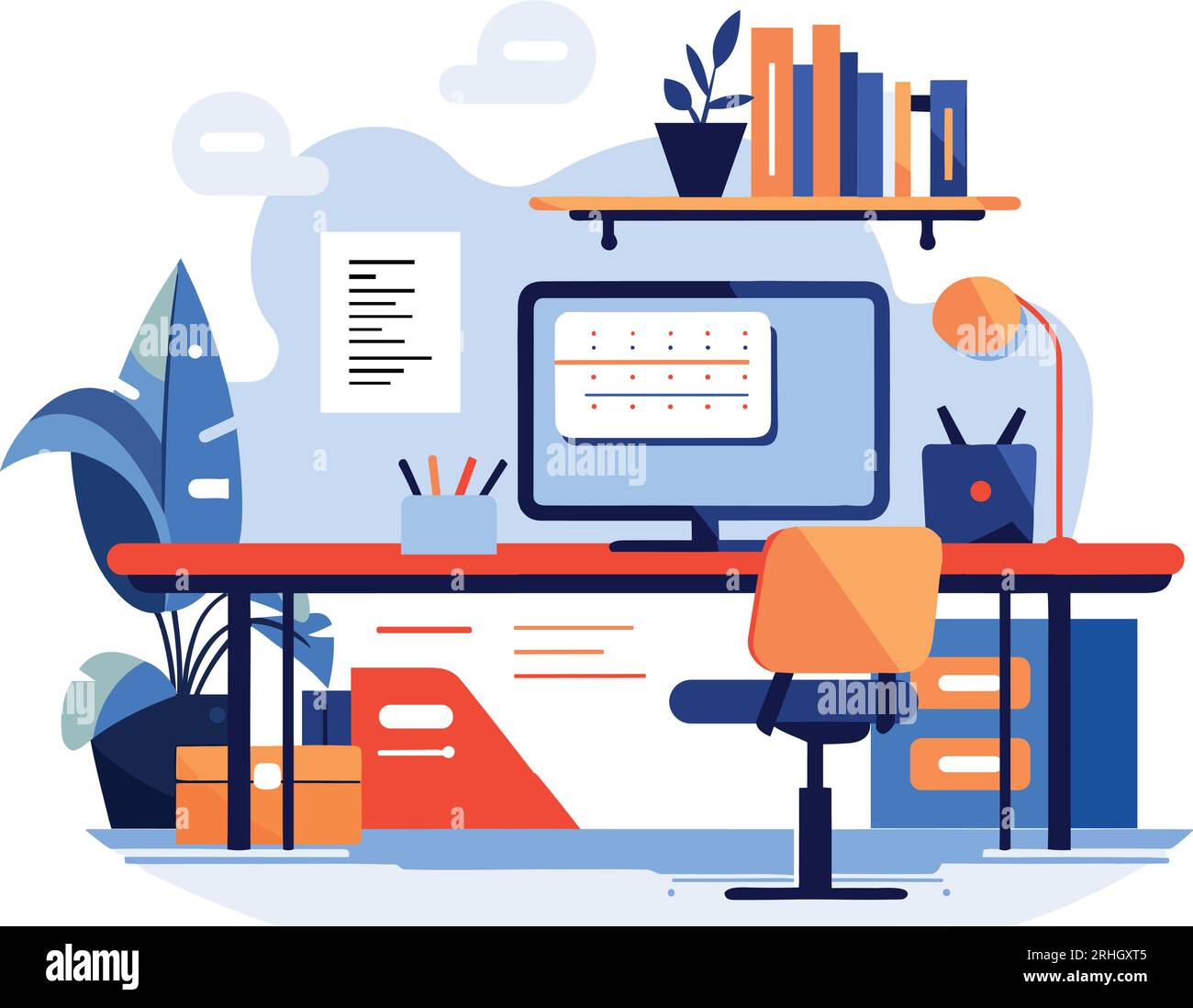 Hand Drawn desk in the office is organized in order in flat style