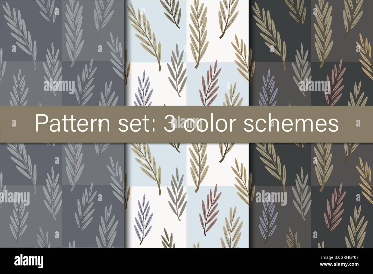 Collection of seamless patterns of olive branches scattered on 3 gray, brown and blue checkered backgrounds. Cozy autumn feel surface designs for clot Stock Vector